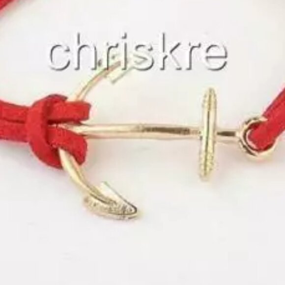 Suede Nautical Anchor Bracelet Island Ship Boat Leather Adjustable Gold Red - Picture 2 of 3